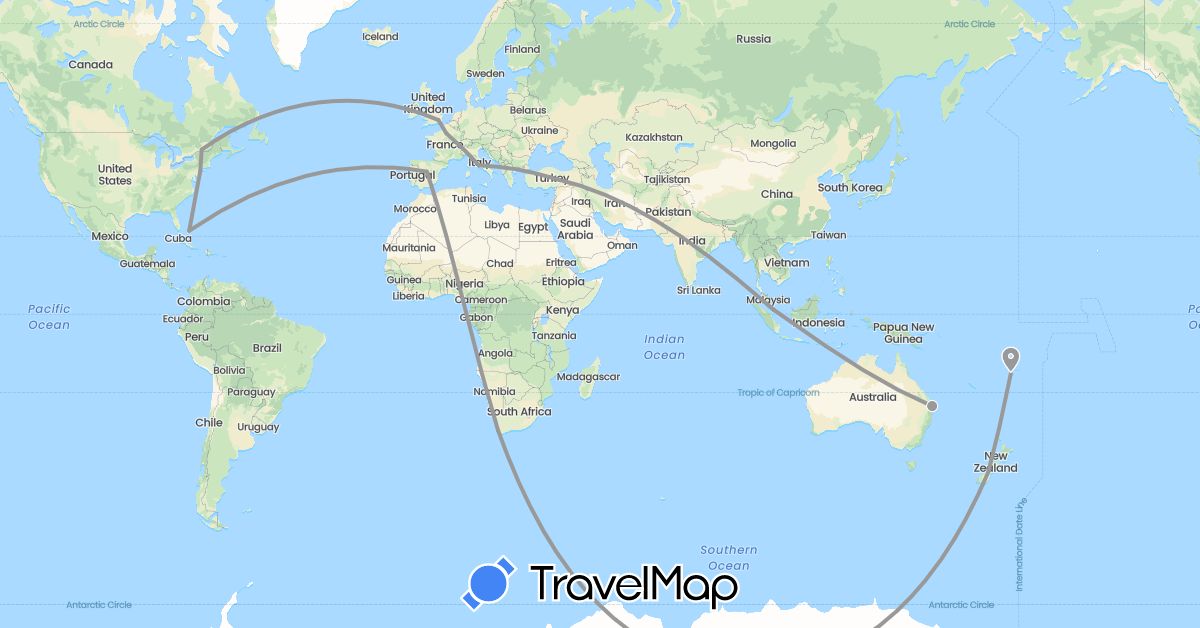 TravelMap itinerary: driving, plane in Australia, Bahamas, Canada, Spain, Fiji, France, United Kingdom, Italy, New Zealand, Singapore, Turkey, United States, South Africa (Africa, Asia, Europe, North America, Oceania)